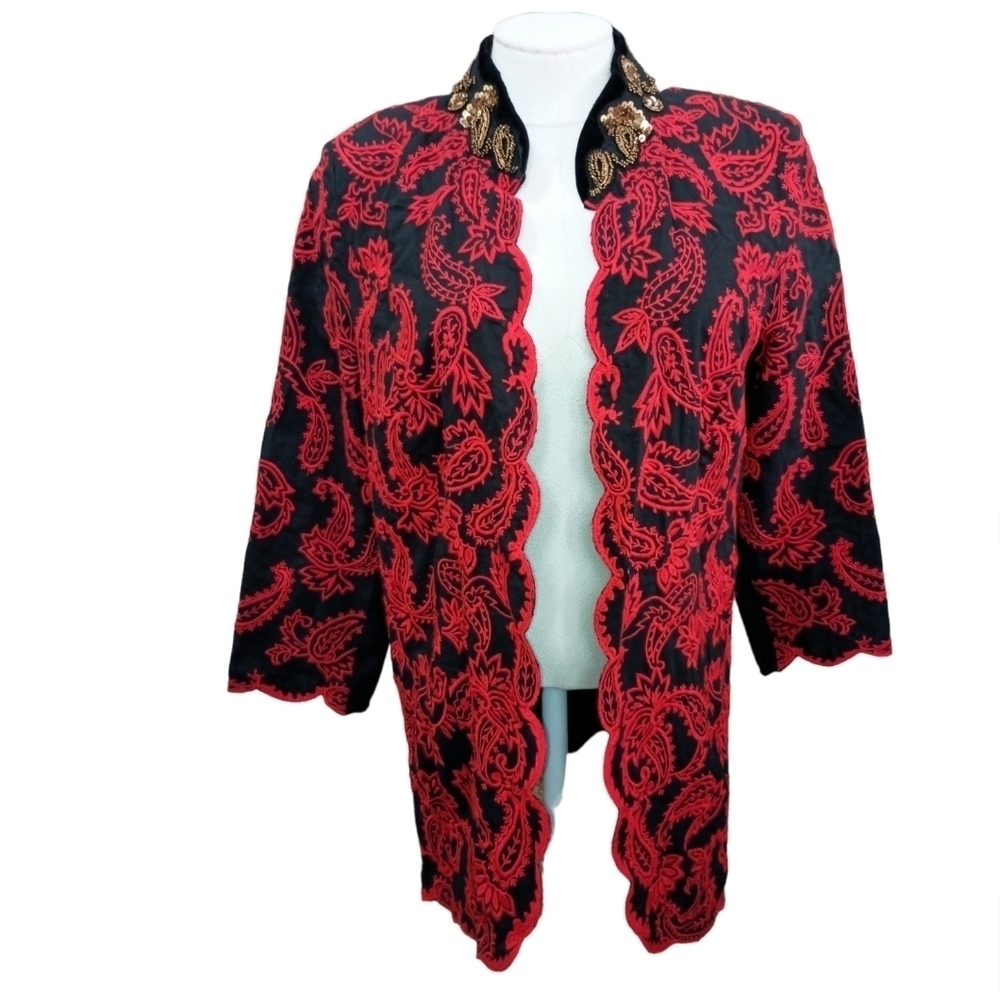 Chico's Black/Red Collection Embroidered Sequin Long Jacket Size 0 (US X…
